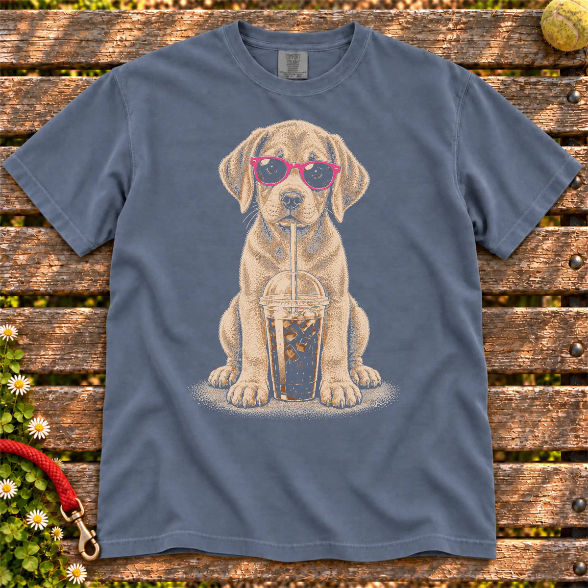 Denim Comfort Colors® T-shirt featuring the Labrador Retriever Cold Coffee design.