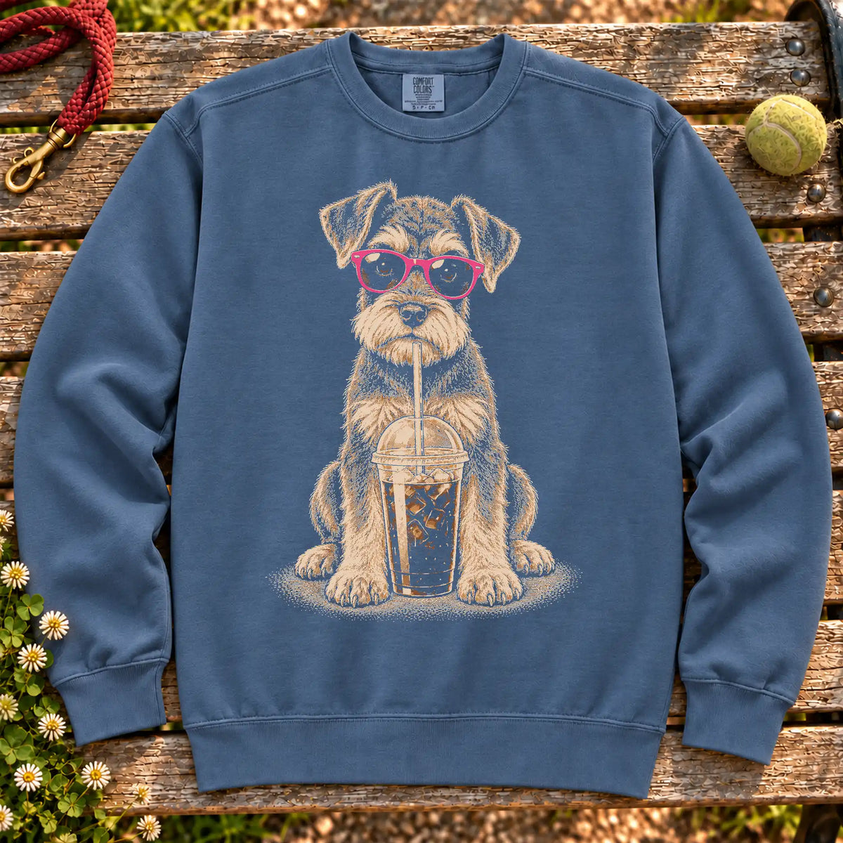 Schnauzer drinking cold coffee in pink sunglasses on Denim sweatshirt