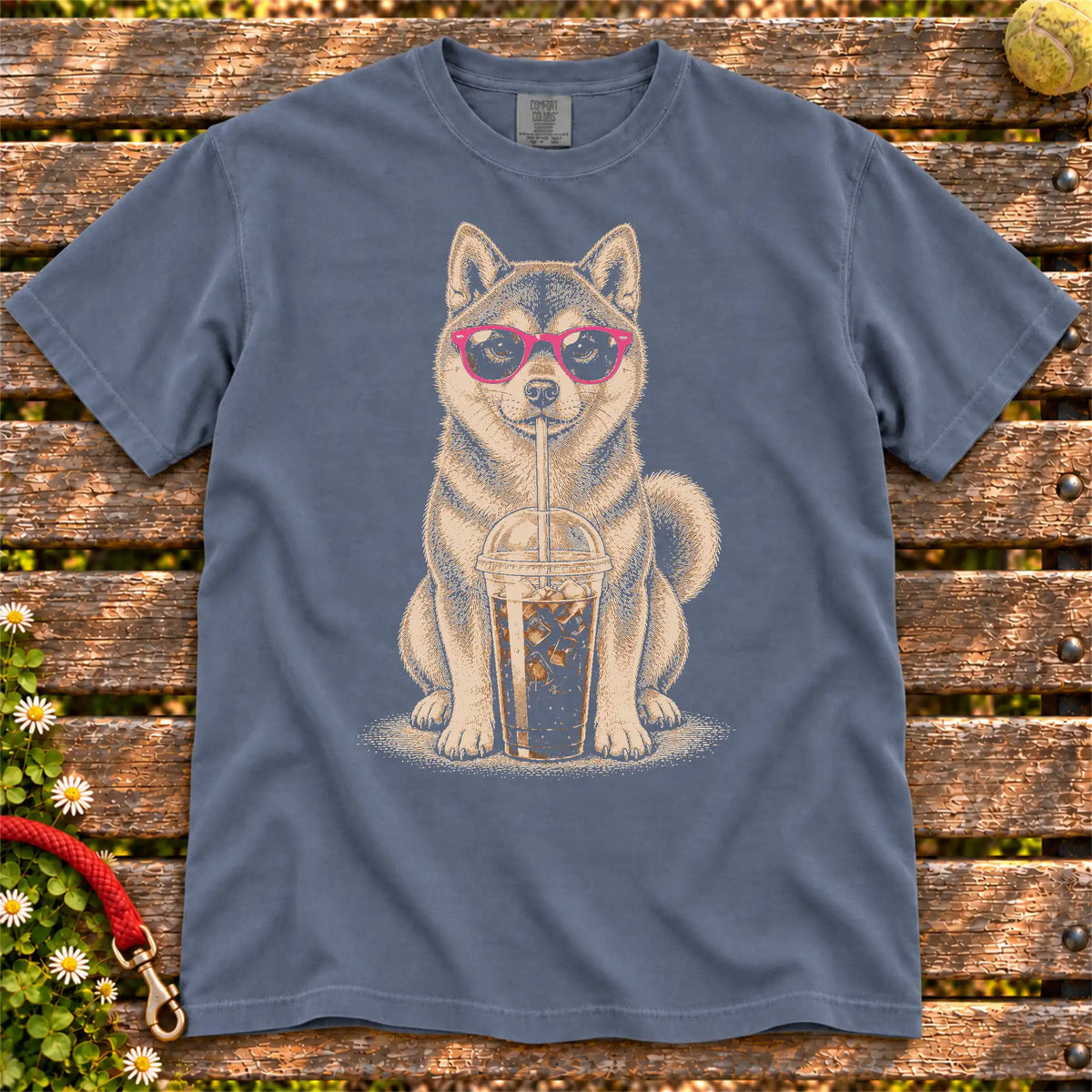 Denim Comfort Colors® T-shirt featuring the Shiba Inu Cold Coffee design.