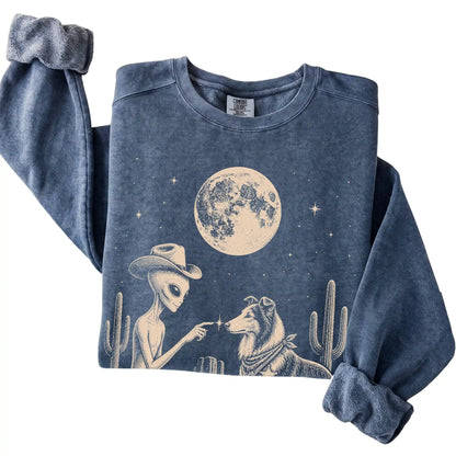 Denim Comfort Colors® sweatshirt featuring Collie Cowboy and Alien, folded presentation