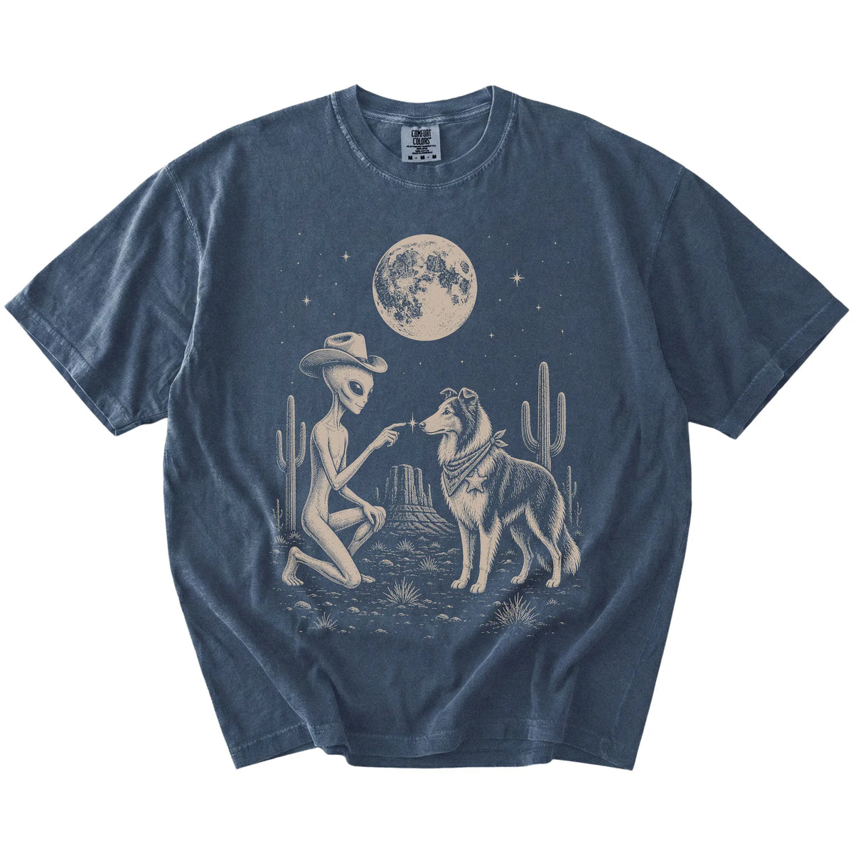 Cowboy alien fist-bumping a Collie beneath the moon on a Denim Comfort Colors® T-shirt