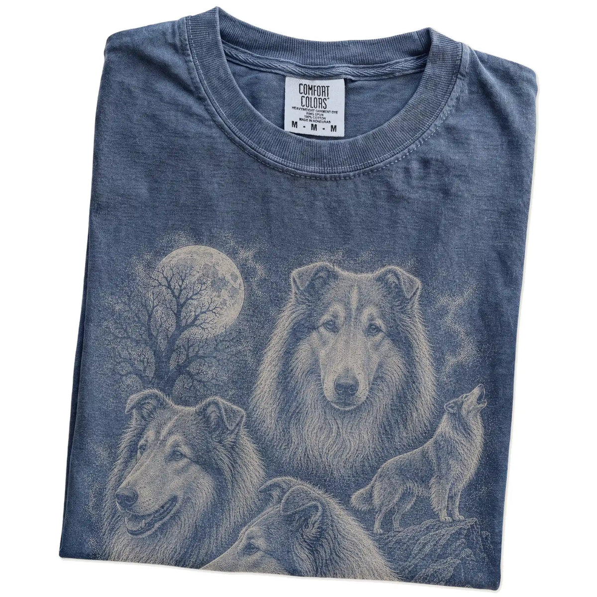 Folded Denim Comfort Colors® T-shirt showing a vintage moon montage featuring Collie