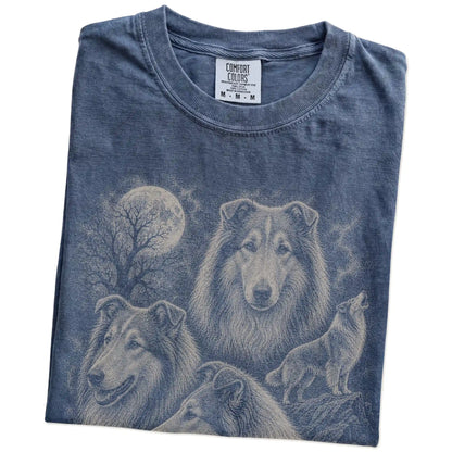 Folded Denim Comfort Colors® T-shirt showing a vintage moon montage featuring Collie