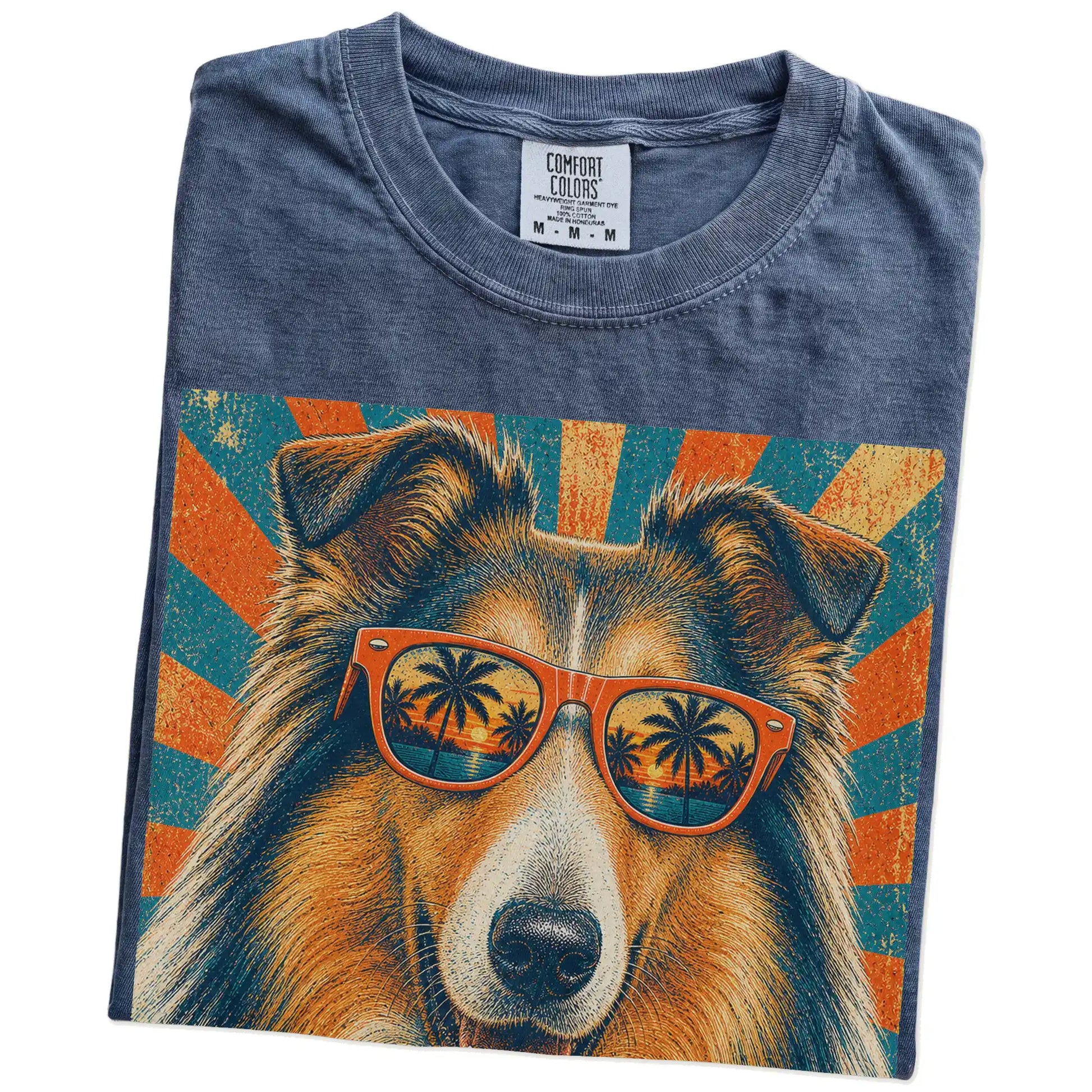 Retro Collie Dad design on a Denim Comfort Colors T-shirt folded detail