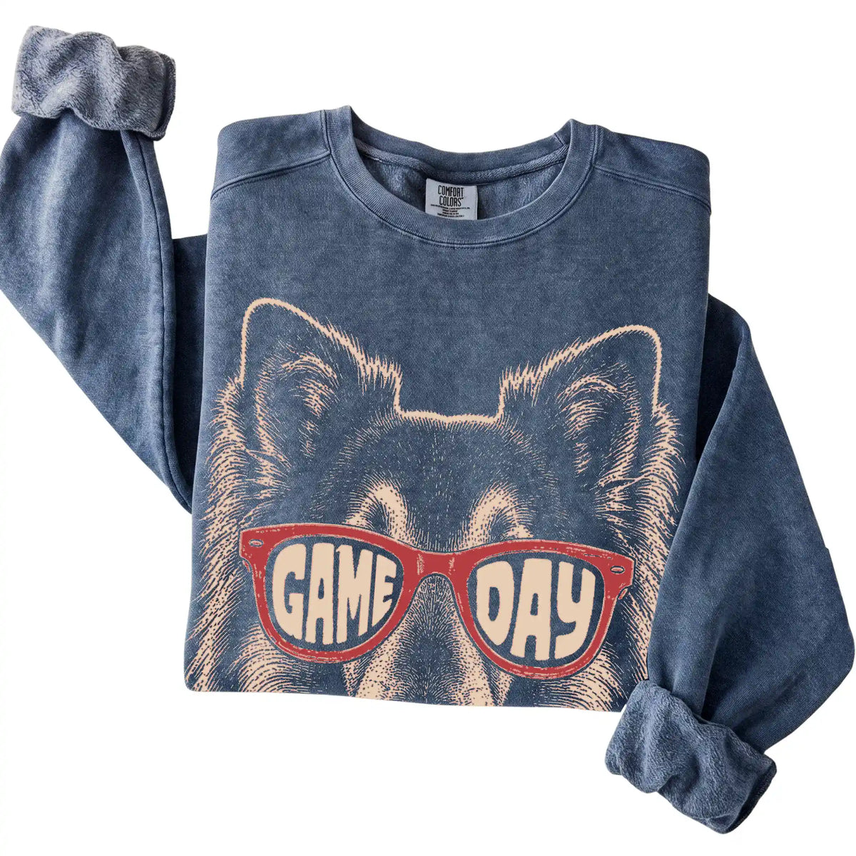 Denim Collie Game Day Sunglasses sweatshirt, folded