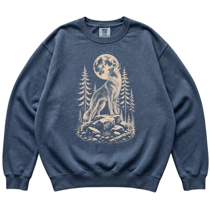 Close view of Collie Howling at the Moon artwork on Denim Comfort Colors sweatshirt
