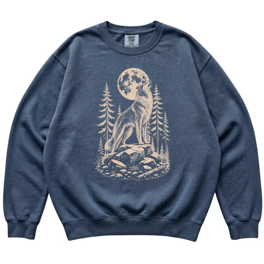 Close view of Collie Howling at the Moon artwork on Denim Comfort Colors sweatshirt