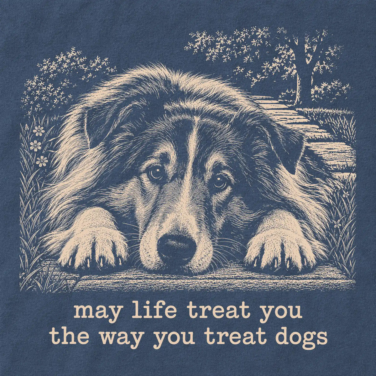 Collie Karma Comfort Colors sweatshirt in Denim — Design Detail