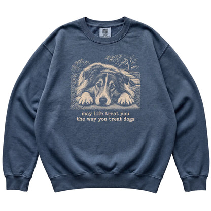 Collie Karma Comfort Colors sweatshirt in Denim — Flat Lay