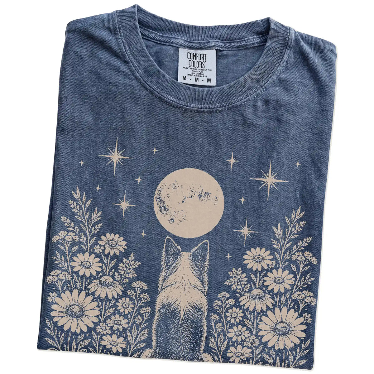 Folded Denim Comfort Colors® T-shirt showing Collie beneath a wildflower moon