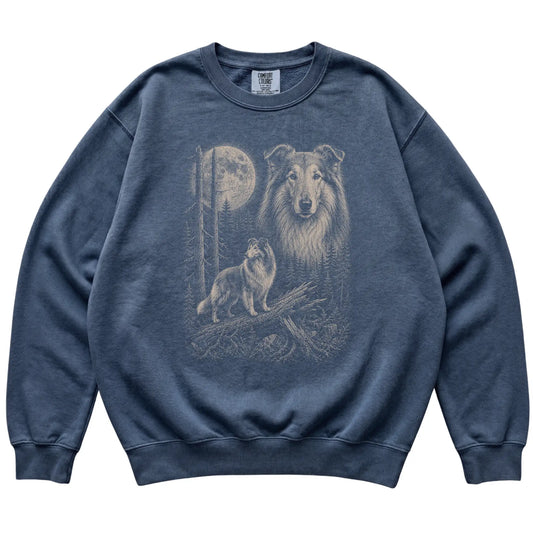 Denim Collie Moonlit Forest Comfort Colors sweatshirt, flat view