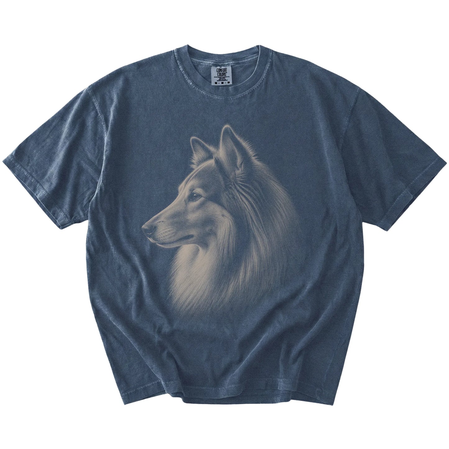 A detailed photographic portrait of a Collie on a Denim Comfort Colors® T-shirt