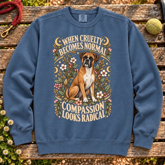 Compassion Looks Radical Boxer design on a Denim Comfort Colors sweatshirt
