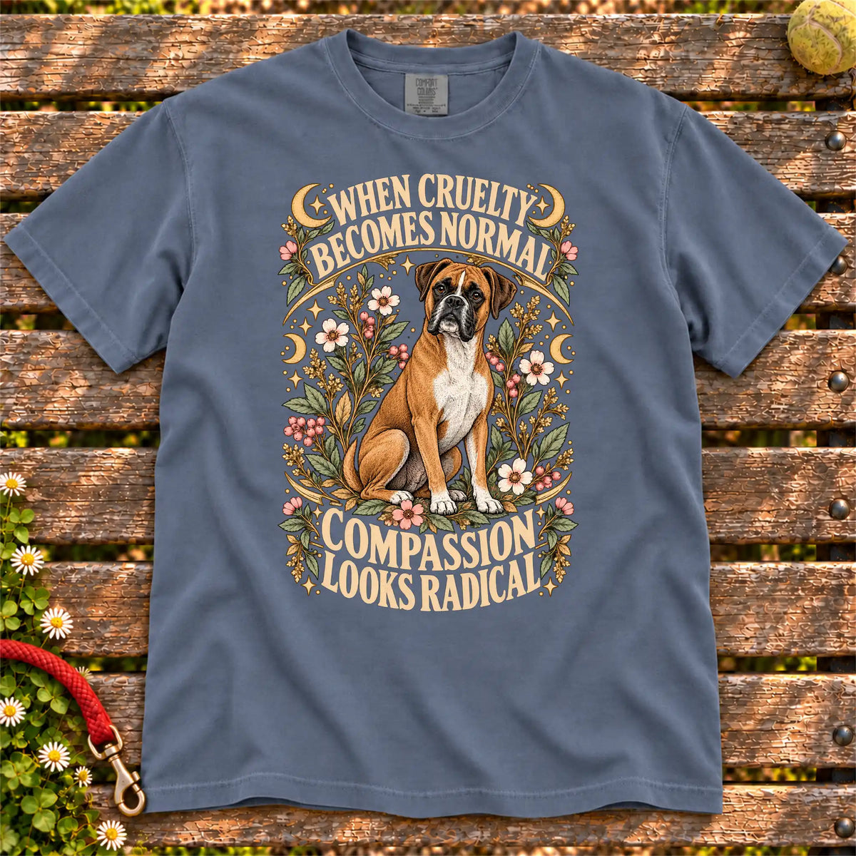 Compassion Looks Radical Boxer design on a Denim Comfort Colors T-shirt