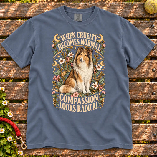 Compassion Looks Radical Collie design on a Denim Comfort Colors T-shirt
