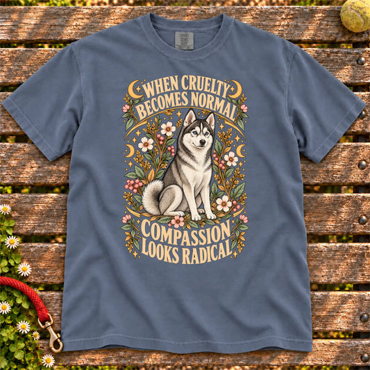 Compassion Looks Radical Husky design on a Denim Comfort Colors T-shirt