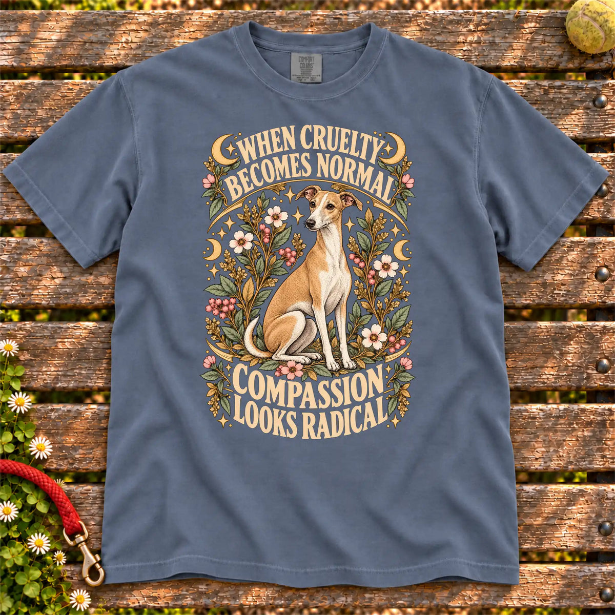 Compassion Looks Radical Whippet design on a Denim Comfort Colors T-shirt