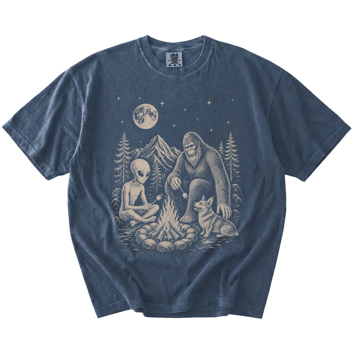 Corgi camping with Bigfoot and an alien on a Denim Comfort Colors® T-shirt