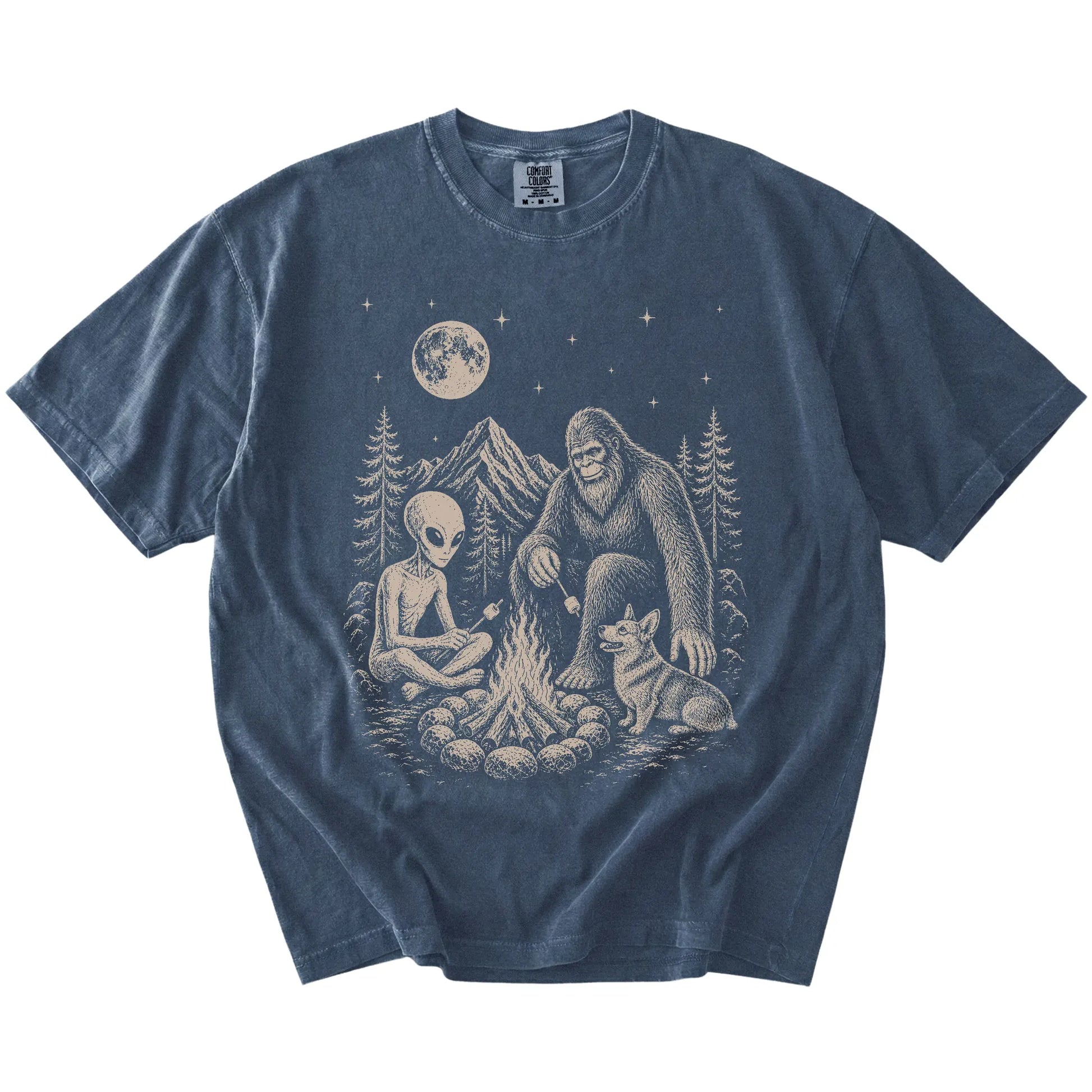 Corgi camping with Bigfoot and an alien on a Denim Comfort Colors® T-shirt