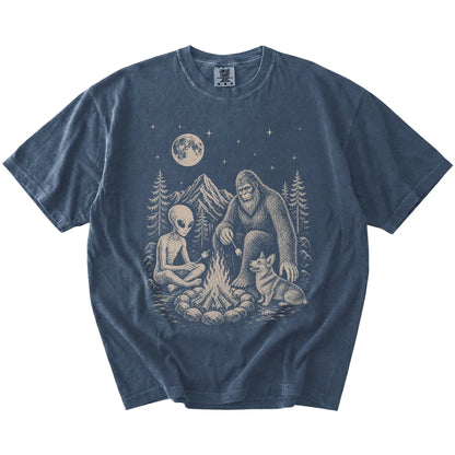 Corgi camping with Bigfoot and an alien on a Denim Comfort Colors® T-shirt