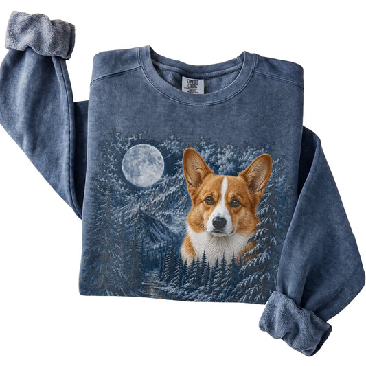 Corgi Forest Moon Sweatshirt in Denim