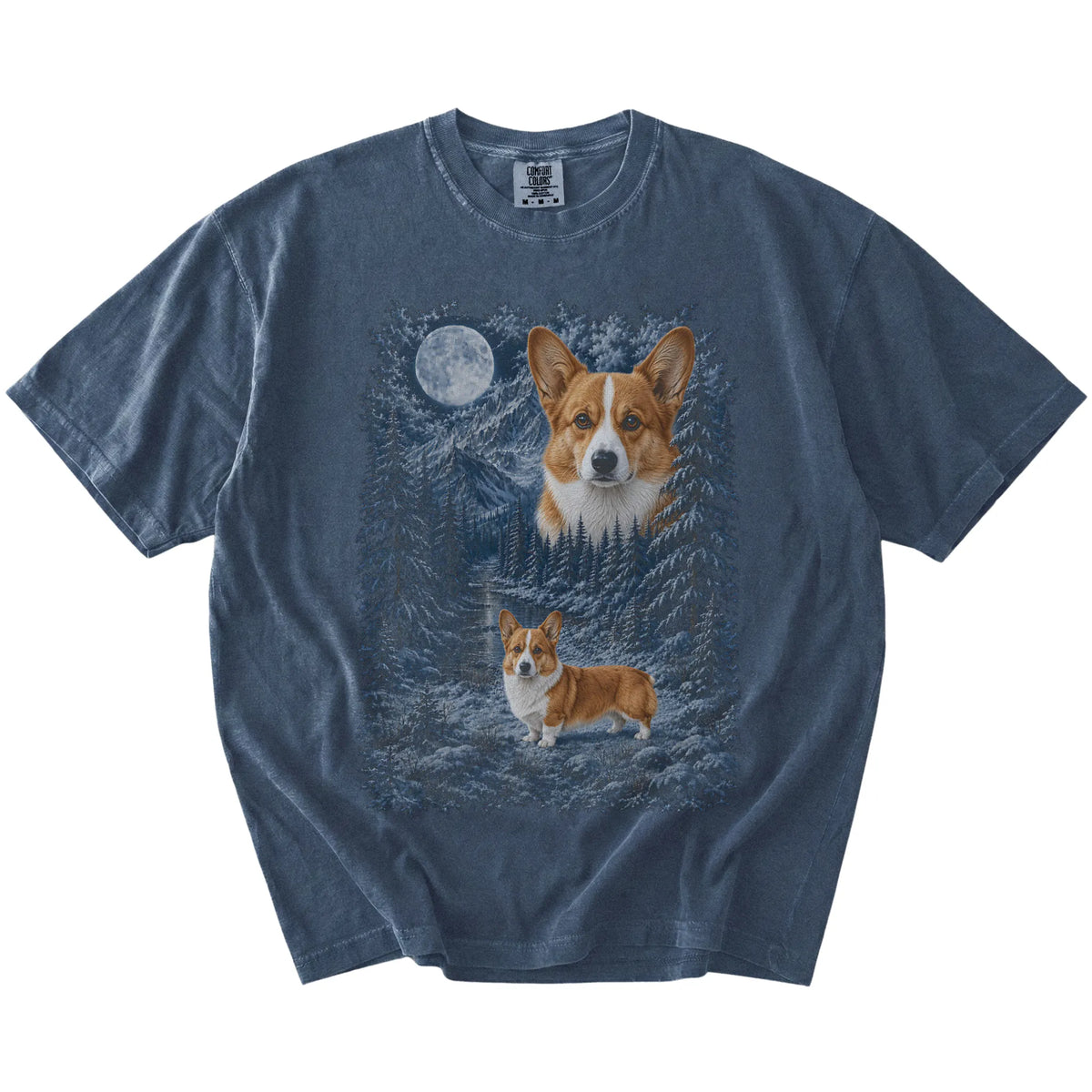 denim T-shirt with Corgi Winter Moon artwork.