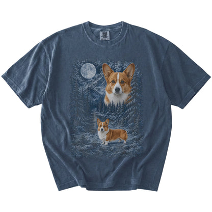 denim T-shirt with Corgi Winter Moon artwork.