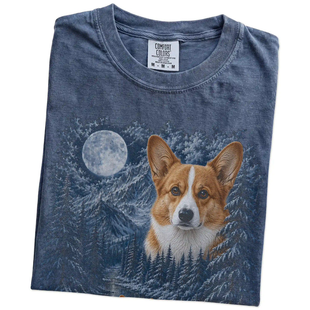 Folded denim T-shirt with Corgi Winter Moon artwork.