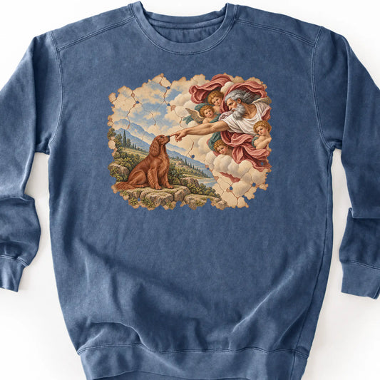 Irish Setter Creation of Adam design on a denim sweatshirt