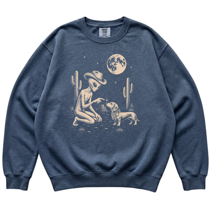 Denim Comfort Colors® sweatshirt featuring Dachshund Cowboy and Alien, laid-flat presentation