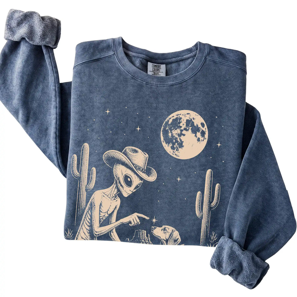 Denim Comfort Colors® sweatshirt featuring Dachshund Cowboy and Alien, folded presentation