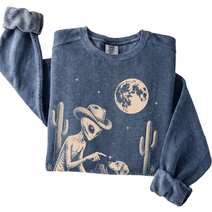 Denim Comfort Colors® sweatshirt featuring Dachshund Cowboy and Alien, folded presentation