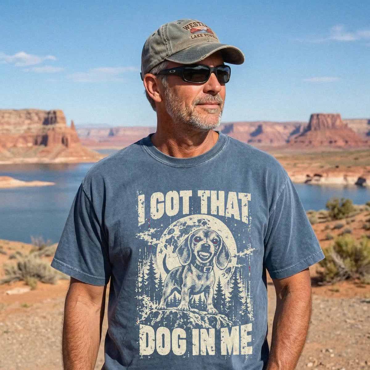 Denim Dachshund I Got That Dog in Me T-shirt, worn by a model