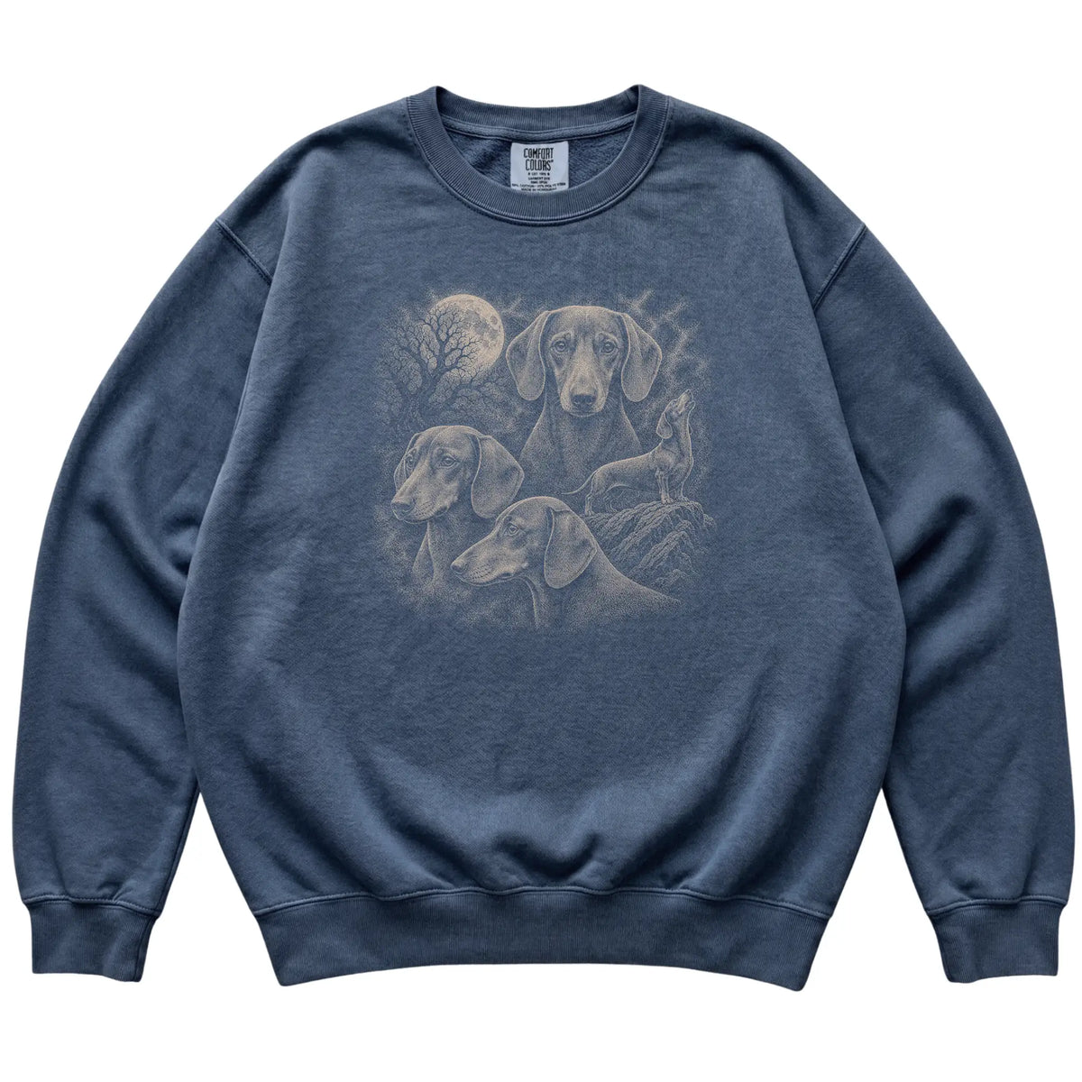 Dachshund 90s Moon Sweatshirt in Denim — flat lay