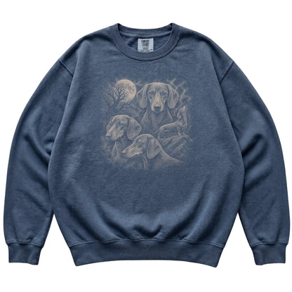 Dachshund 90s Moon Sweatshirt in Denim — flat lay