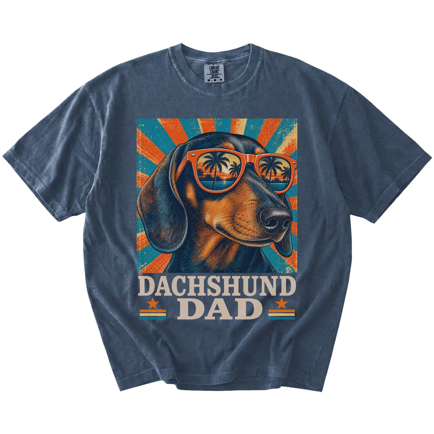 Retro Dachshund Dad design on a Denim Comfort Colors T-shirt