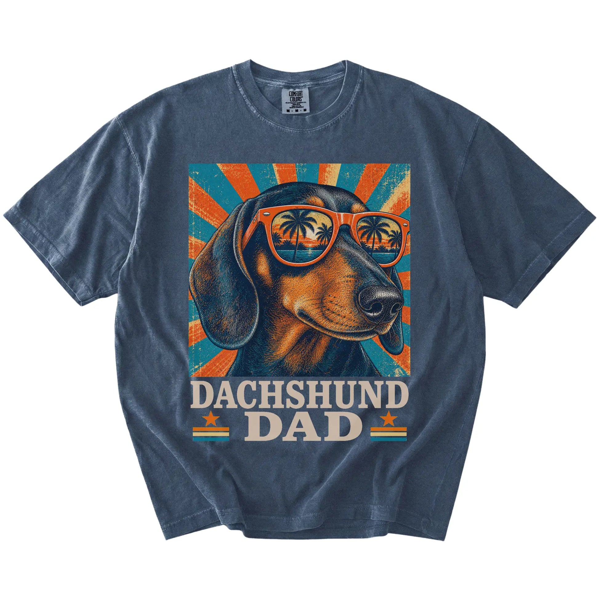 Retro Dachshund Dad design on a Denim Comfort Colors T-shirt