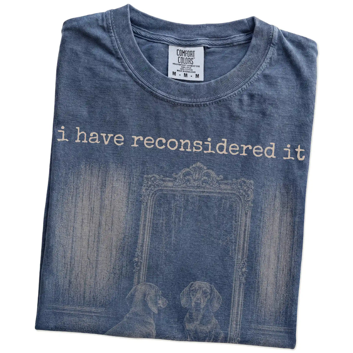 Folded Denim Comfort Colors® T-shirt showing “the answer is still no” dachshund design