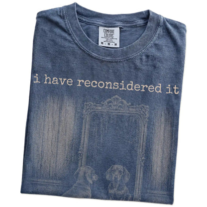 Folded Denim Comfort Colors® T-shirt showing “the answer is still no” dachshund design