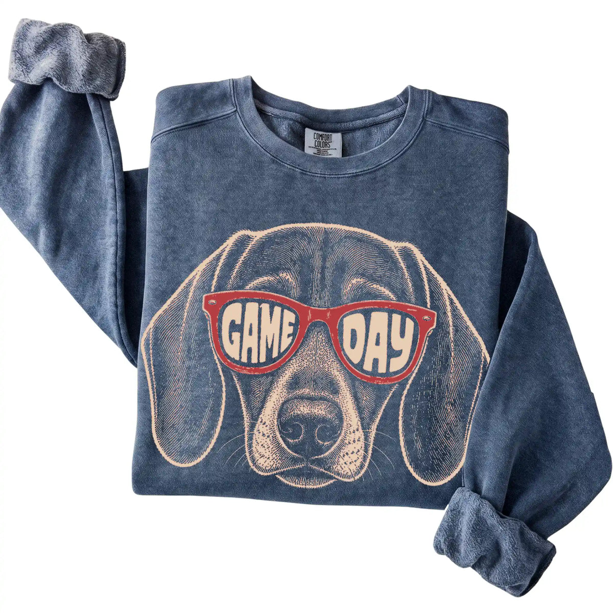 Denim Dachshund Game Day Sunglasses sweatshirt, folded