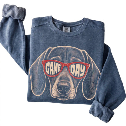 Denim Dachshund Game Day Sunglasses sweatshirt, folded