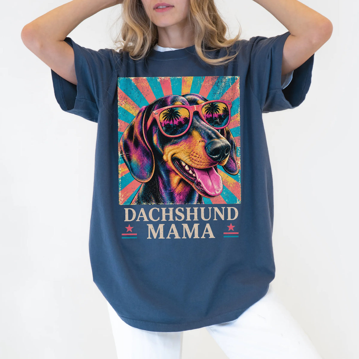 Retro Dachshund Mama design on a Denim Comfort Colors T-shirt worn by a model
