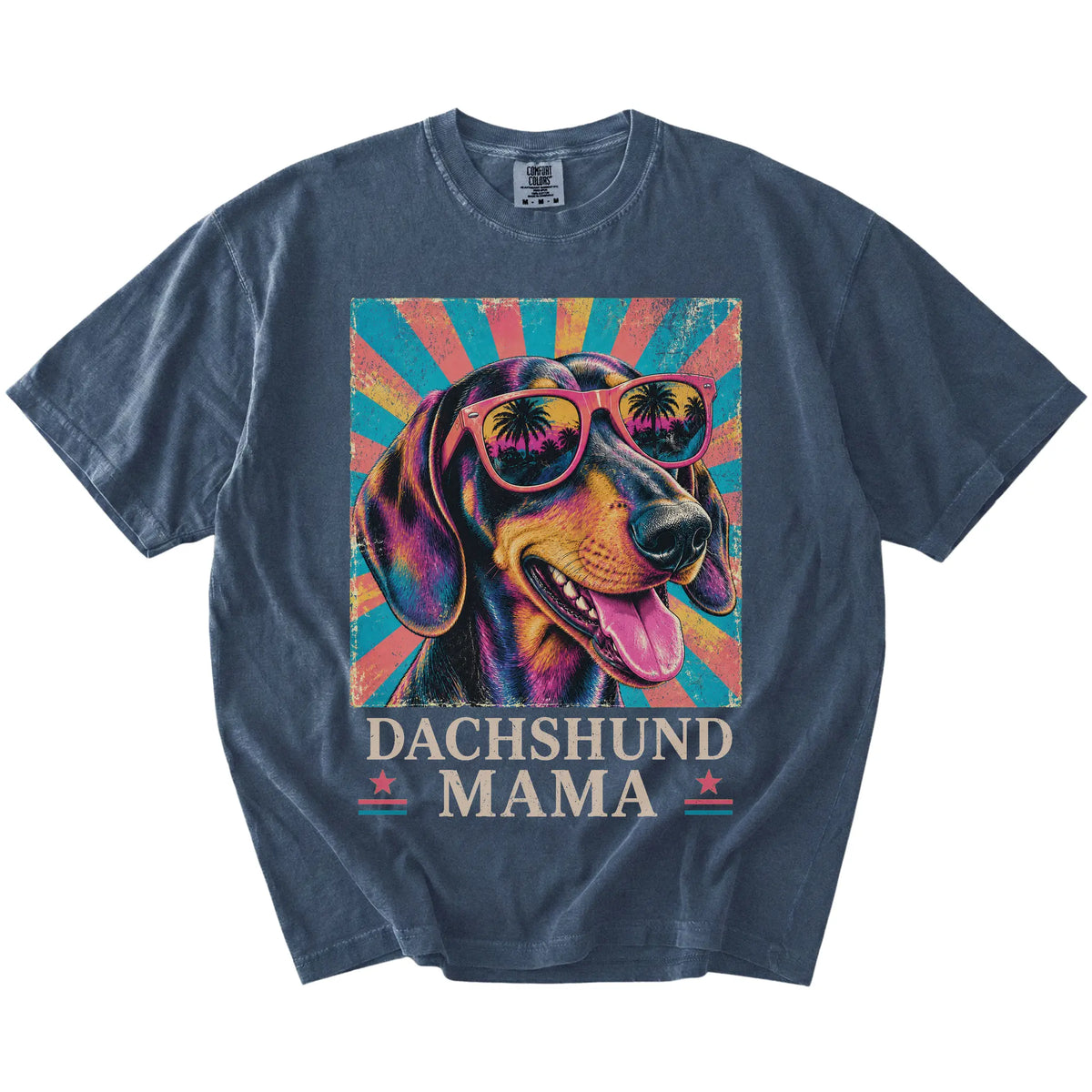 Retro Dachshund Mama design on a Denim Comfort Colors T-shirt