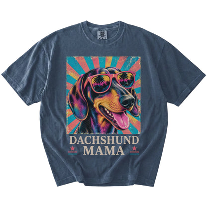 Retro Dachshund Mama design on a Denim Comfort Colors T-shirt