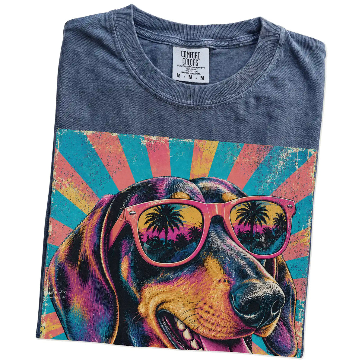 Retro Dachshund Mama design on a Denim Comfort Colors T-shirt folded detail