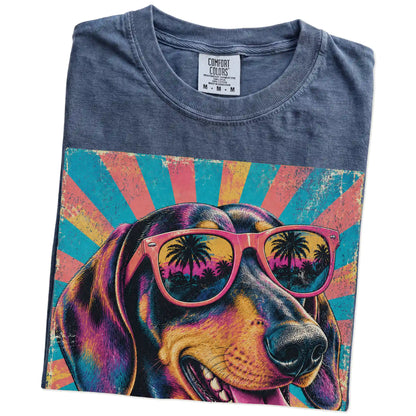 Retro Dachshund Mama design on a Denim Comfort Colors T-shirt folded detail