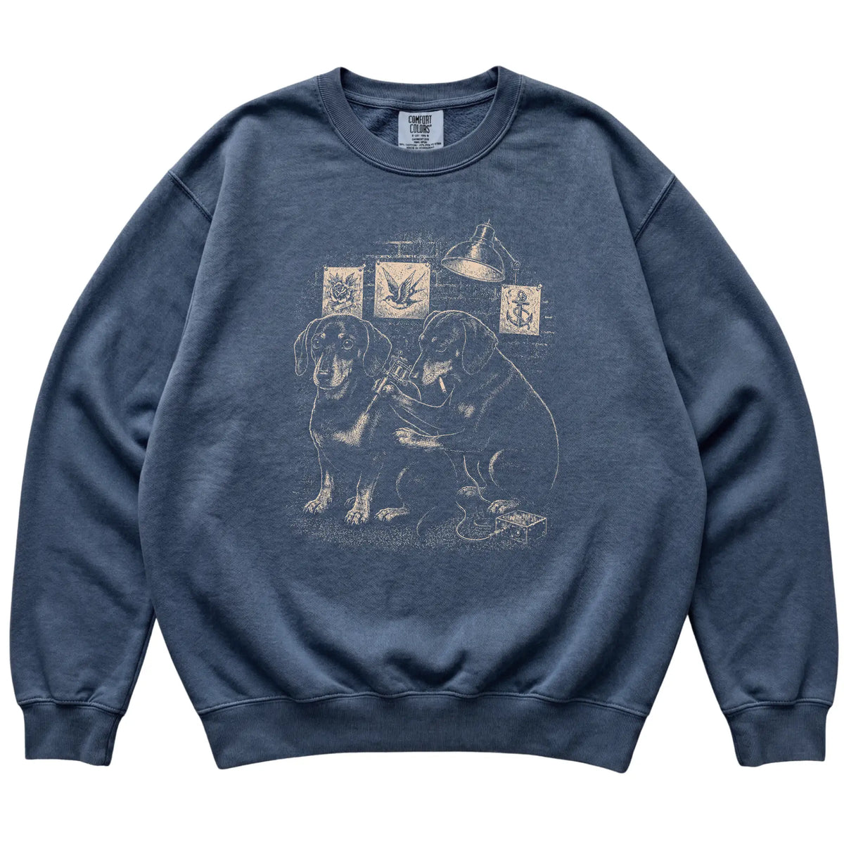 Denim Dachshund Dog Tattoo Artist shirt laid flat
