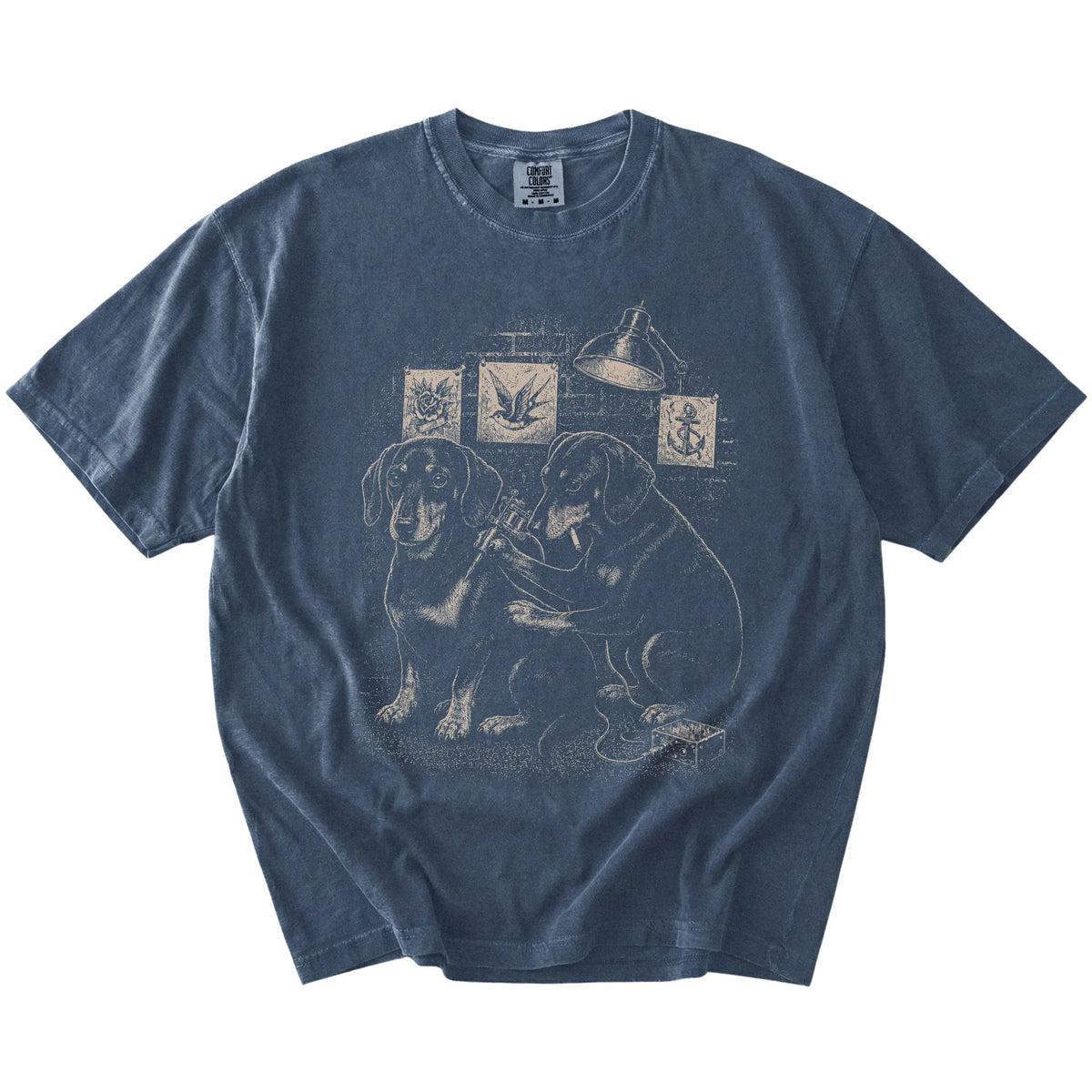 Denim Dachshund Tattoo t-shirt laid flat