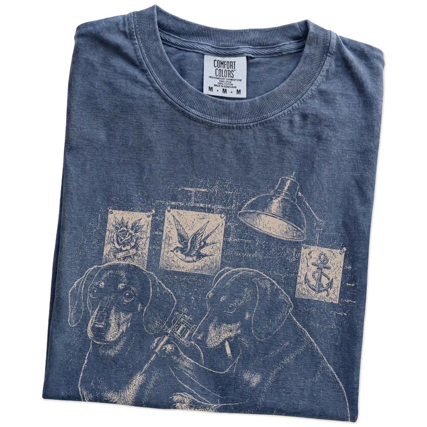 Folded Denim Dachshund Tattoo t-shirt showing the graphic