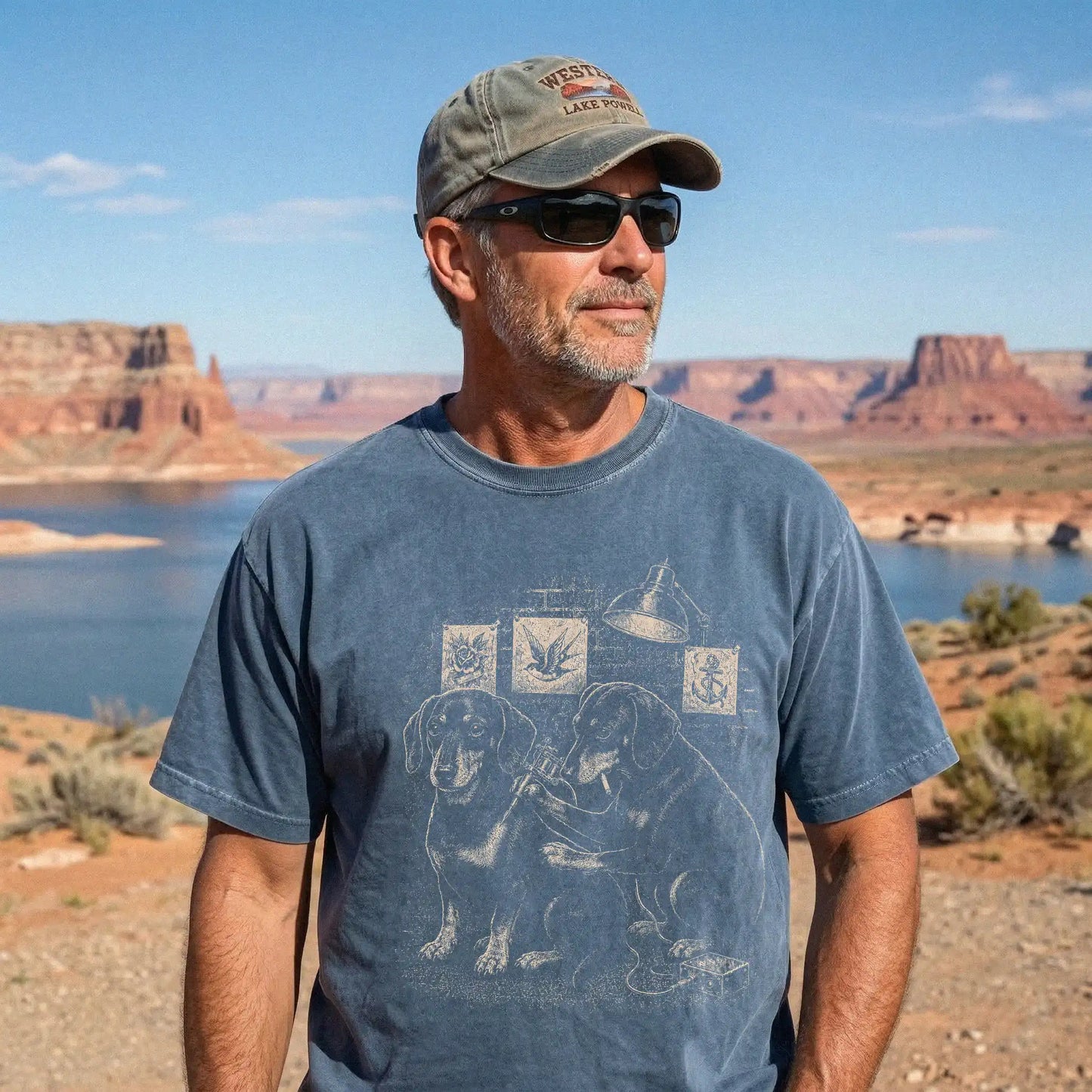 Person wearing a Denim Dachshund Tattoo t-shirt
